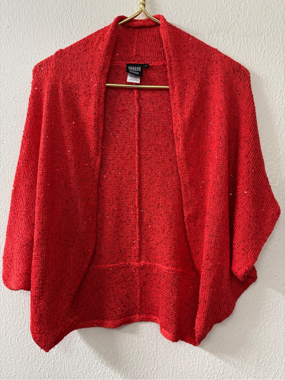 Sharon Young Red Knit Shrug Sweater With Sequins